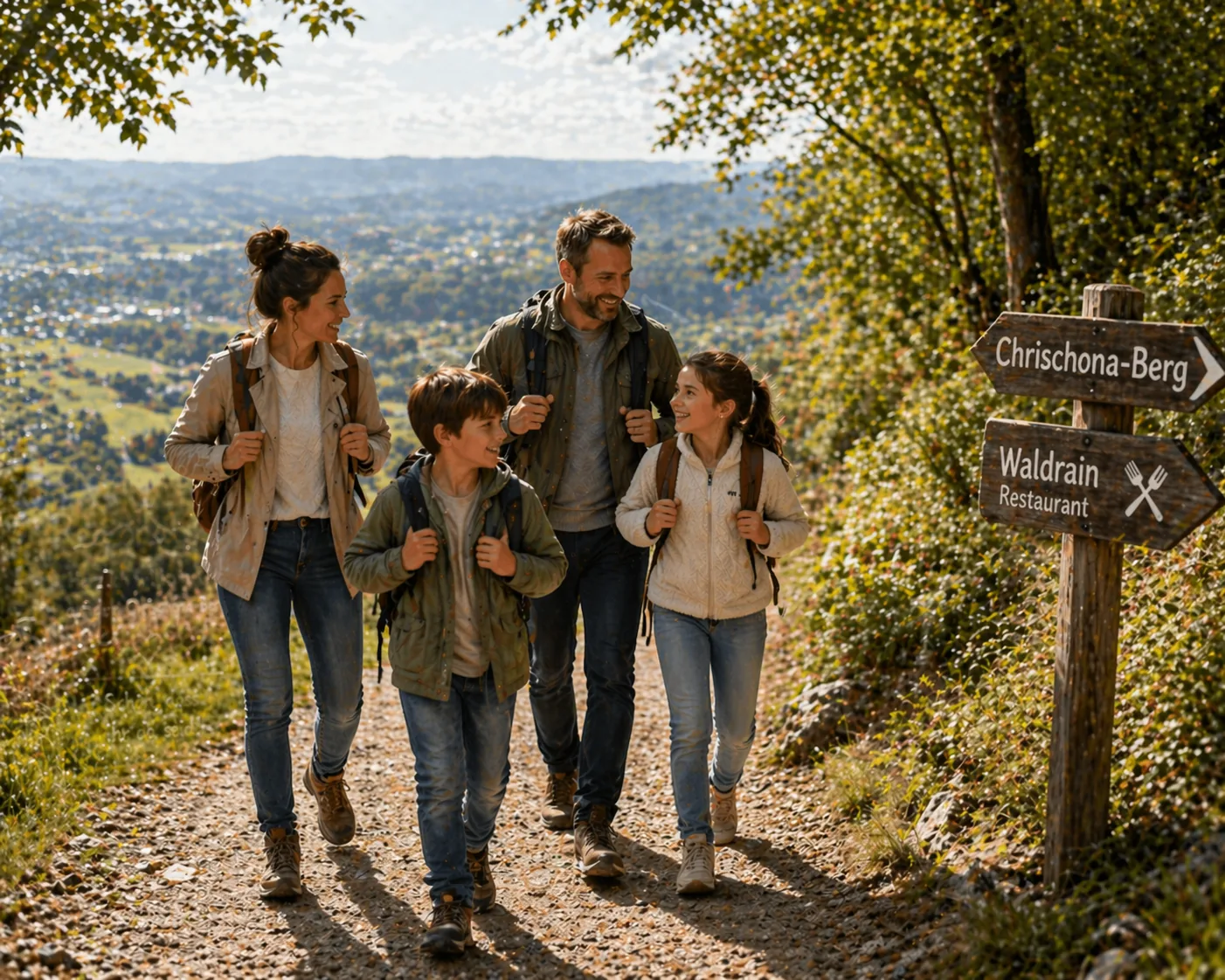 Familie auf dem Wanderweg zum Restaurant Waldrain auf der Chrischona